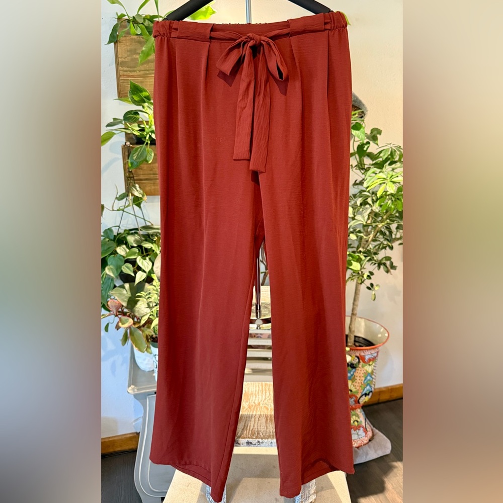 Sage The Label Red Rust Wide Leg Women’s Pants Sz Large Tie Front